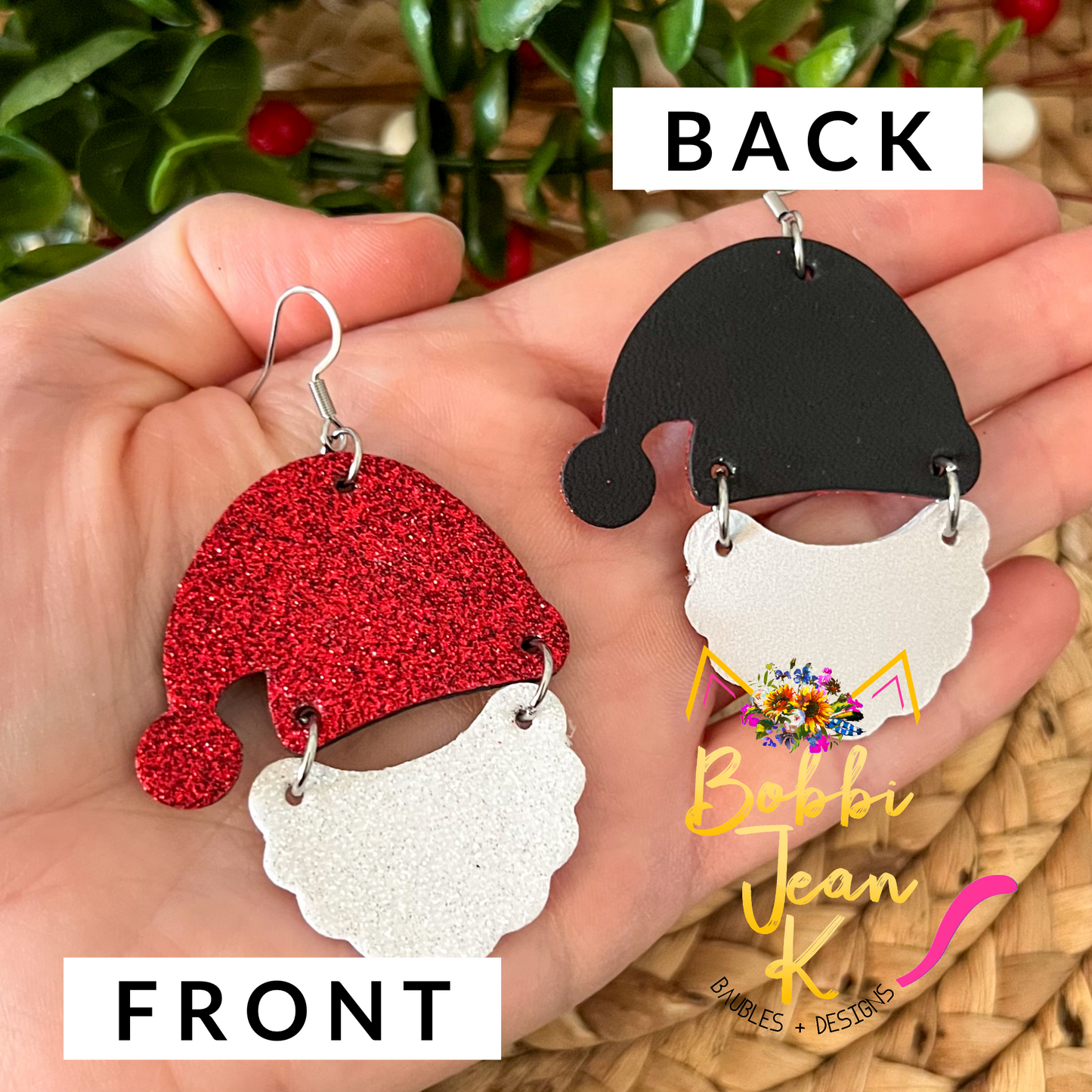 Santa Hat & Beard Infused Glitter Leather Earrings