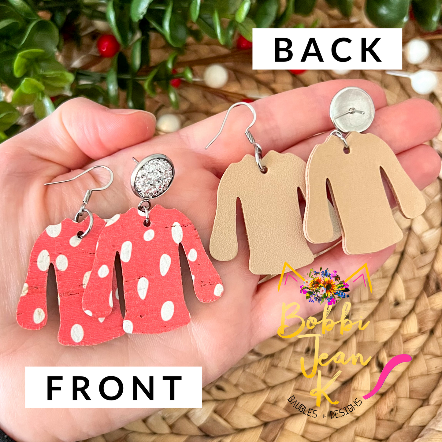 Red Spotted "Ugly" Sweater Cork on Leather Earrings - ONLY 2 OF EACH LEFT