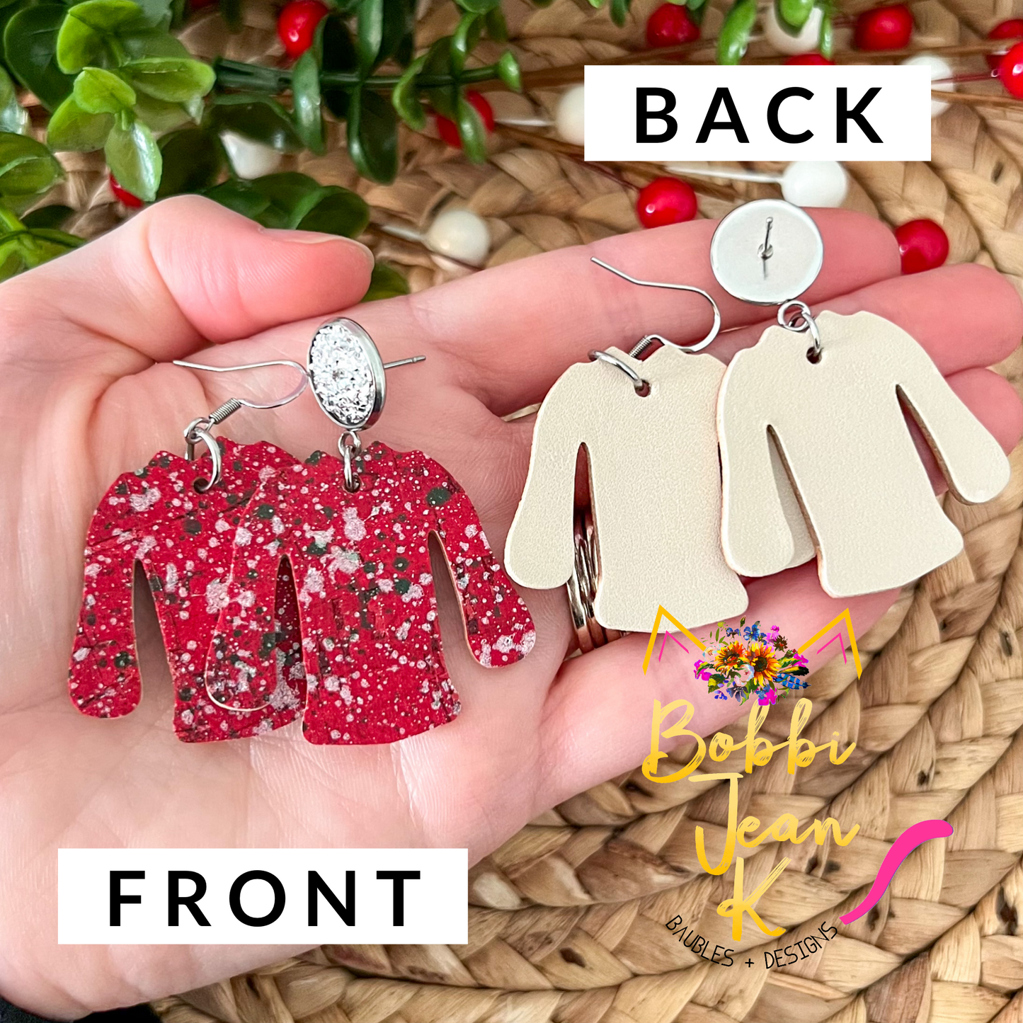 Red Paint Splatter "Ugly" Sweater Cork on Leather Earrings - ONLY 2 OF EACH LEFT