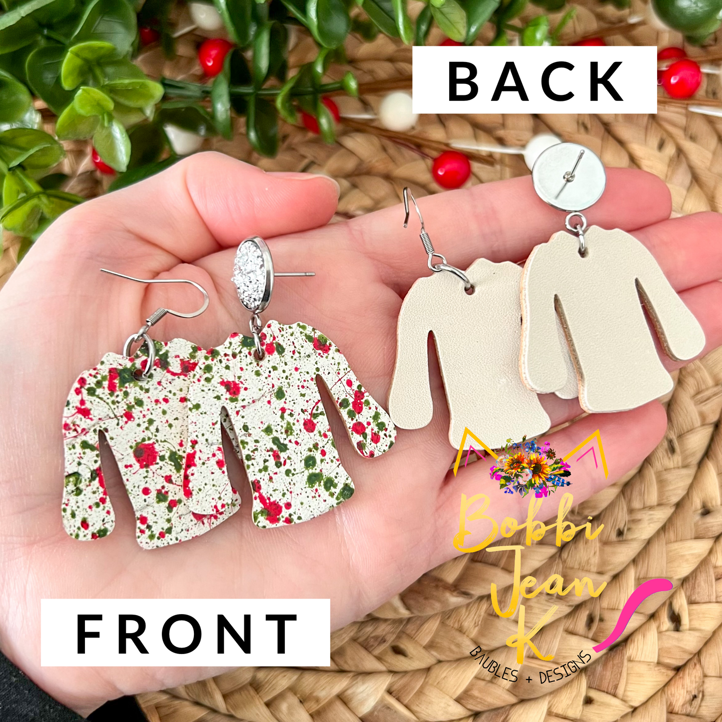 White Paint Splatter "Ugly" Sweater Cork on Leather Earrings - ONLY ONE OF EACH LEFT