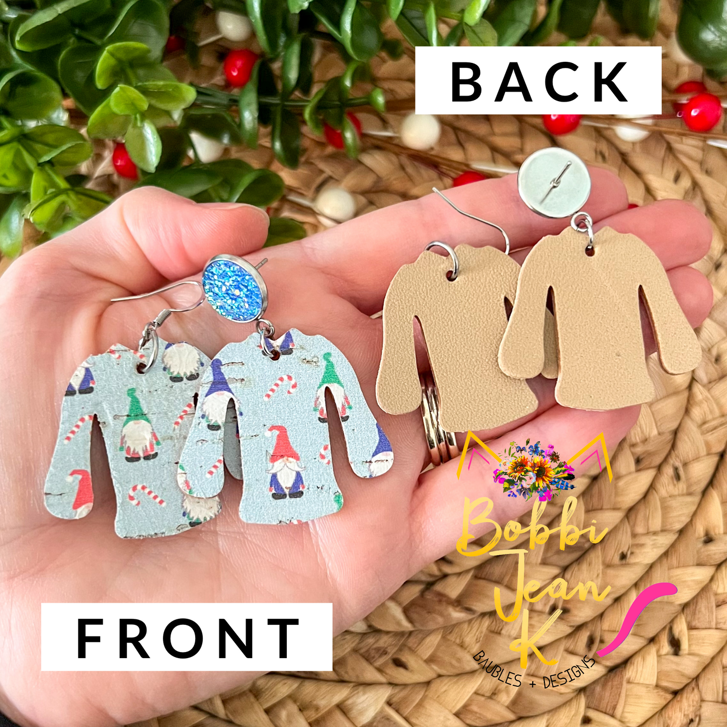 Holiday Gnomes "Ugly" Sweater Cork on Leather Earrings - ONLY ONE LEFT