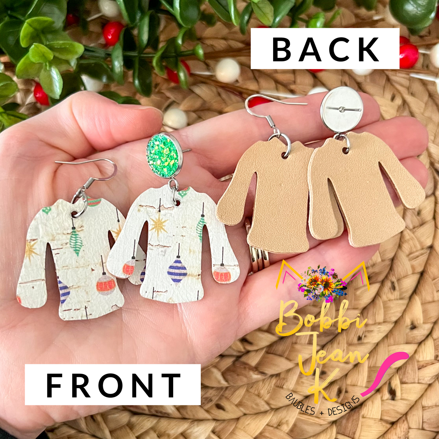 Holiday Ornaments "Ugly" Sweater Cork on Leather Earrings - ONLY 2 OF EACH LEFT