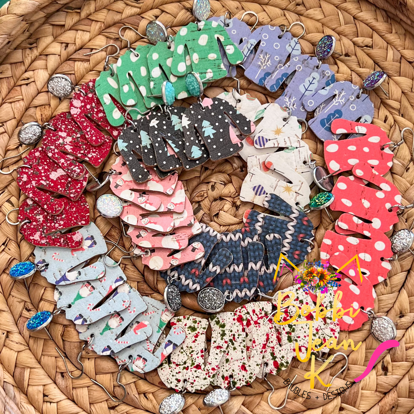 Whimsical Snowmen "Ugly" Sweater Cork on Leather Earrings - LAST CHANCE