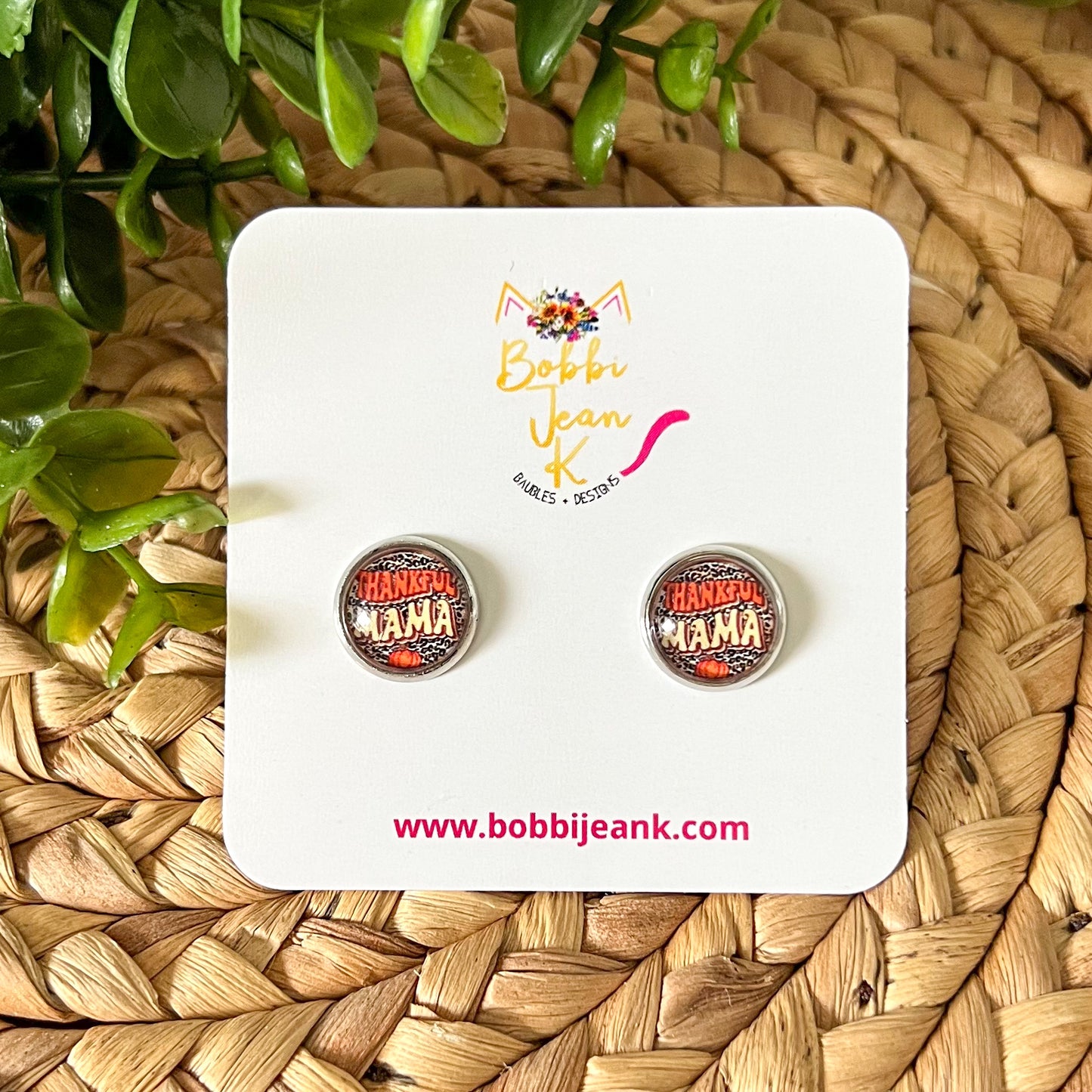 SALE: Thankful Mama Glass Studs 12mm: Choose Silver or Gold Settings - LAST CHANCE