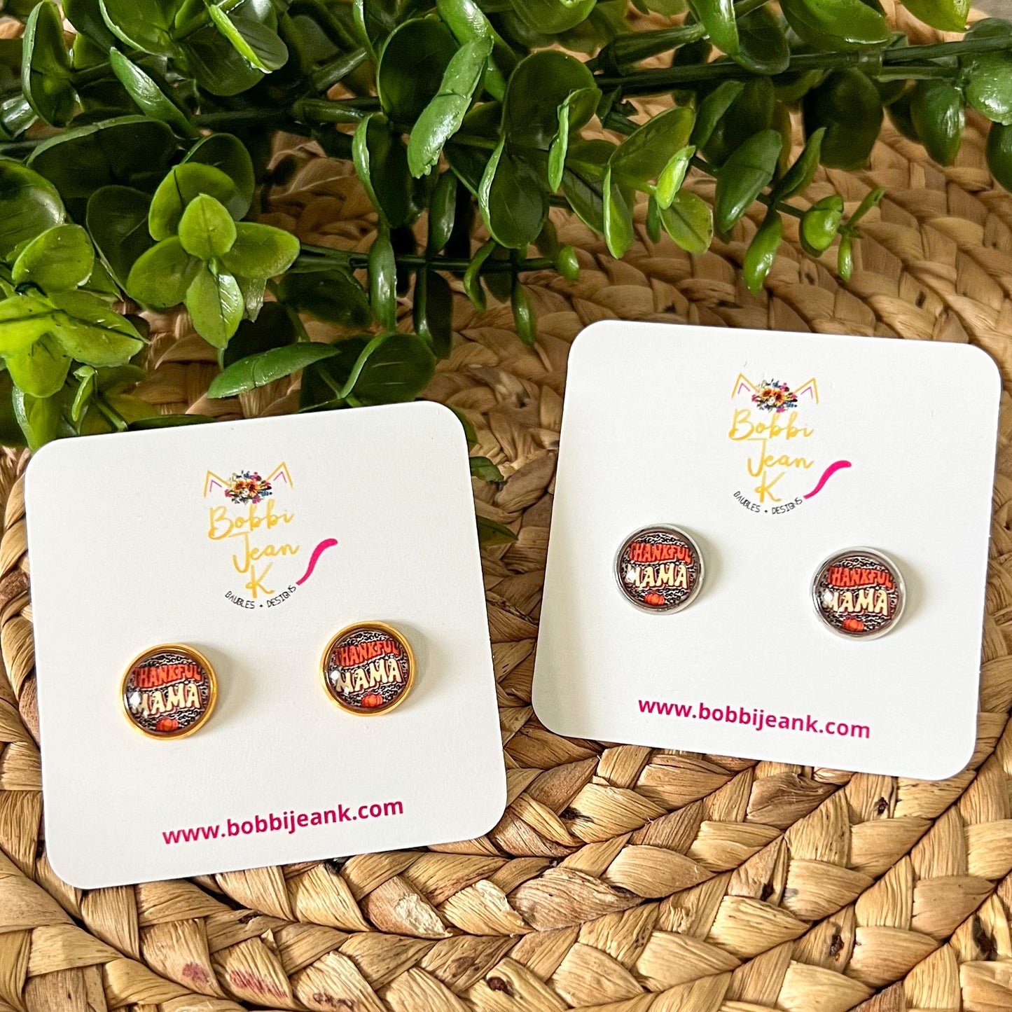 SALE: Thankful Mama Glass Studs 12mm: Choose Silver or Gold Settings - LAST CHANCE