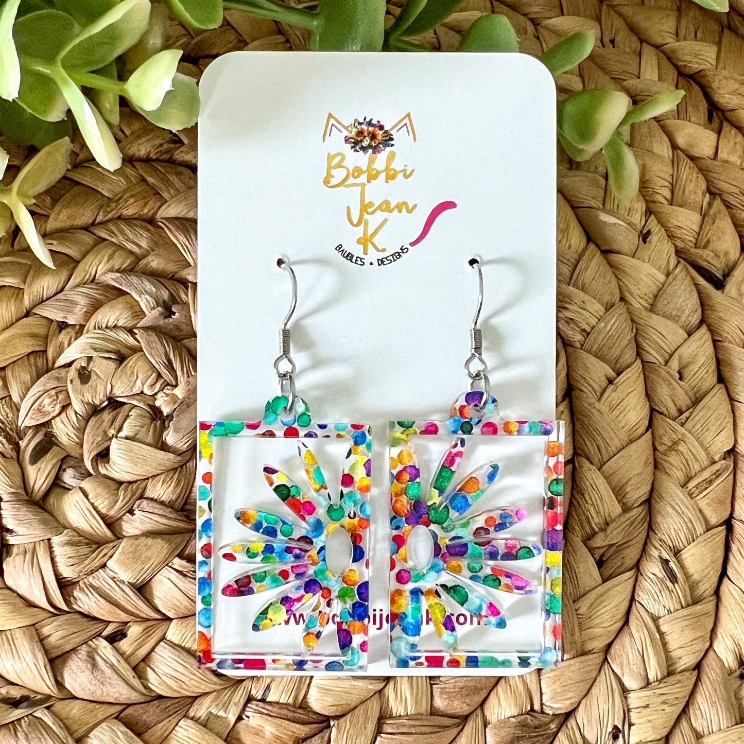 Rainbow Dots Acrylic Daisy Earrings: Choose From 2 Styles
