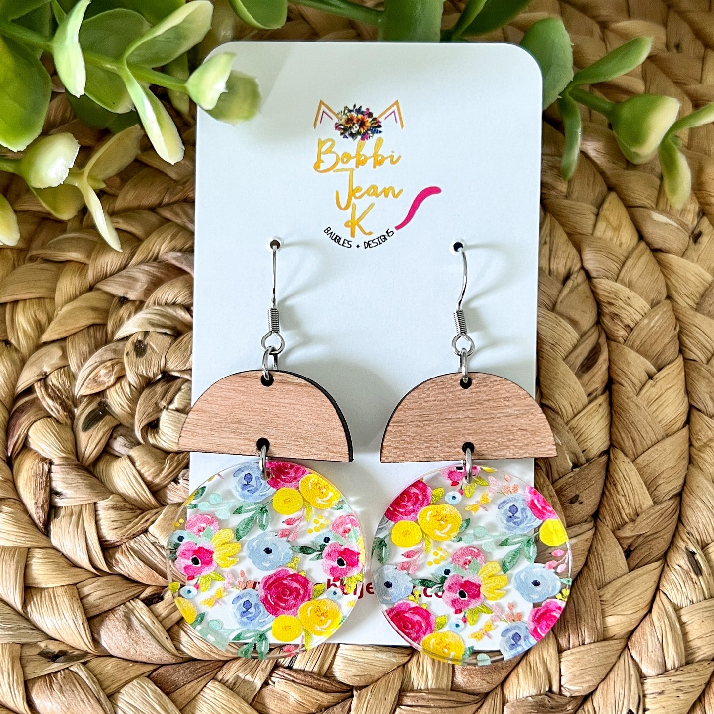 Micro Floral Bouquet Circle Drop Acrylic Earrings: Choose From 3 Styles - ONLY 2 PINK LEFT