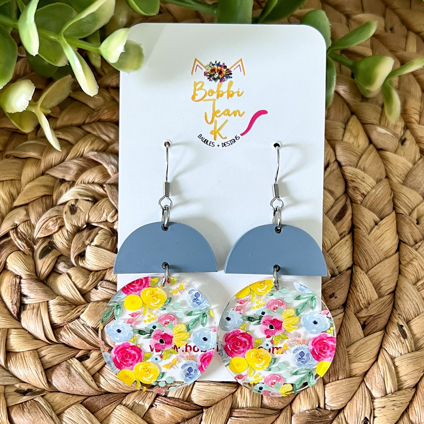 Micro Floral Bouquet Circle Drop Acrylic Earrings: Choose From 3 Styles - ONLY 2 PINK LEFT