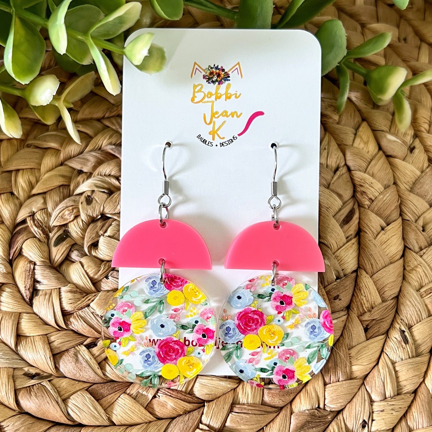 Micro Floral Bouquet Circle Drop Acrylic Earrings: Choose From 3 Styles - ONLY 2 PINK LEFT