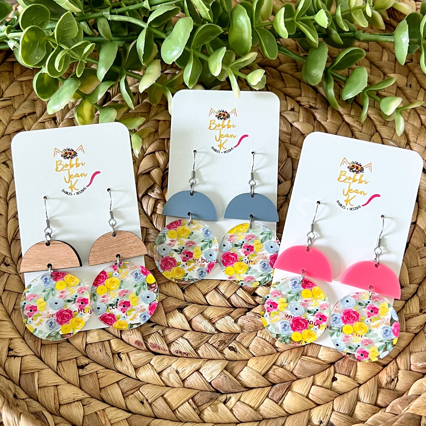 Micro Floral Bouquet Circle Drop Acrylic Earrings: Choose From 3 Styles - ONLY 2 PINK LEFT