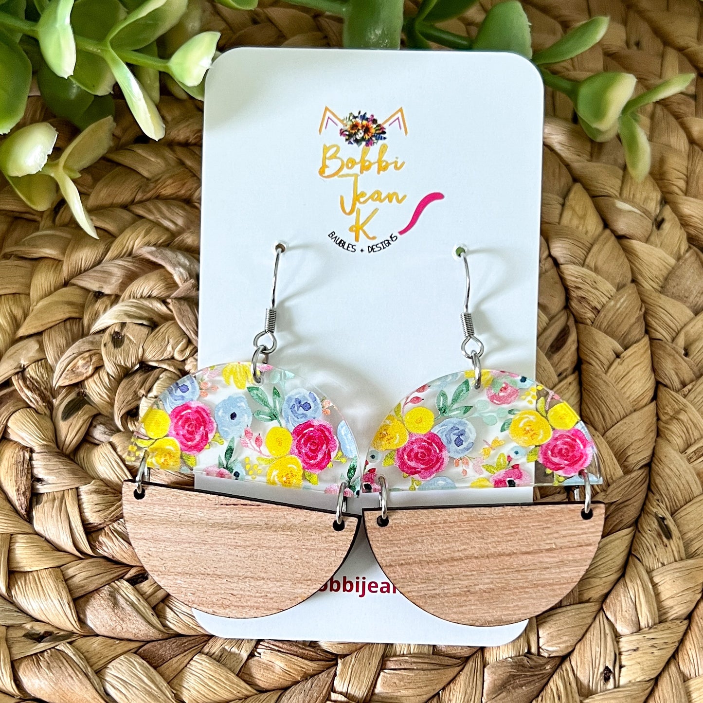 Micro Floral Bouquet Split Circle Acrylic & Wood Earrings - LAST CHANCE
