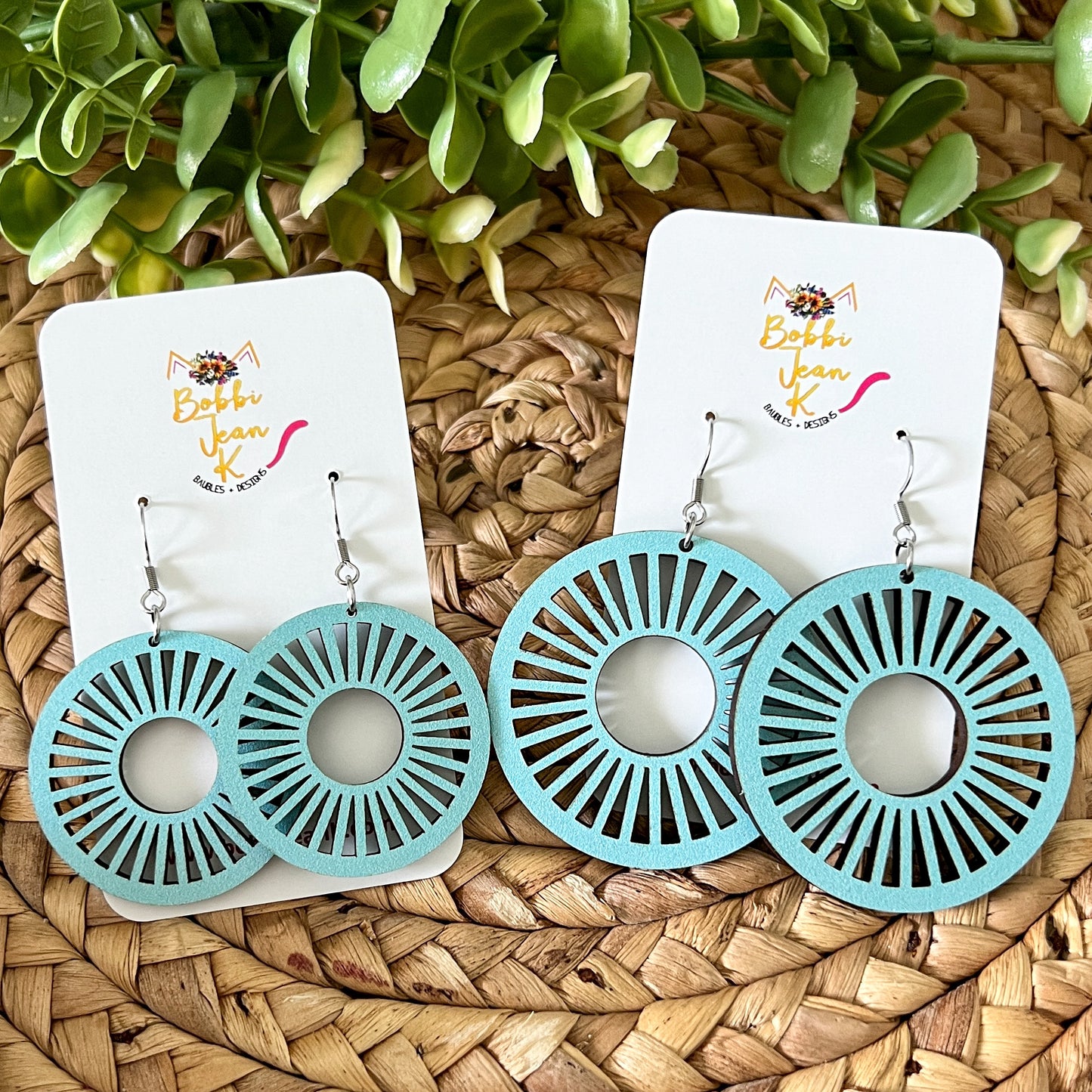Baby Blue Wood Circle Cutout Earrings: Choose From 2 Sizes
