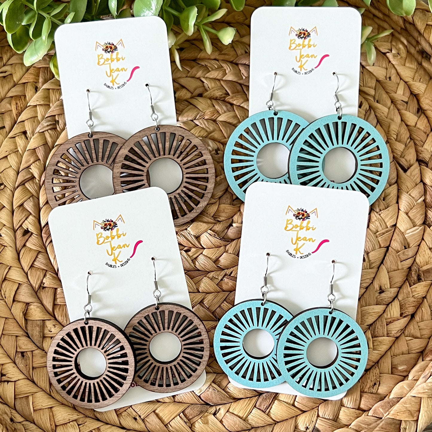 Baby Blue Wood Circle Cutout Earrings: Choose From 2 Sizes