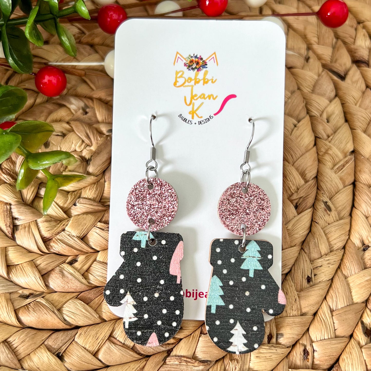 Colorful Trees Toboggan & Mitten Cork on Leather Earrings - LAST CHANCE