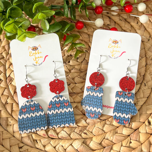 Sweater Print Toboggan & Mitten Cork on Leather Earrings - ONLY 2 TOBOGGAN LEFT
