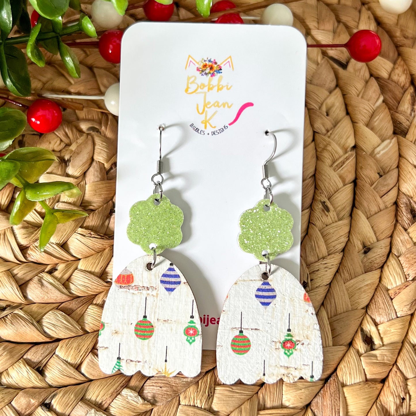 Holiday Ornaments Toboggan & Mitten Cork on Leather Earrings - ONLY 2 OF EACH LEFT