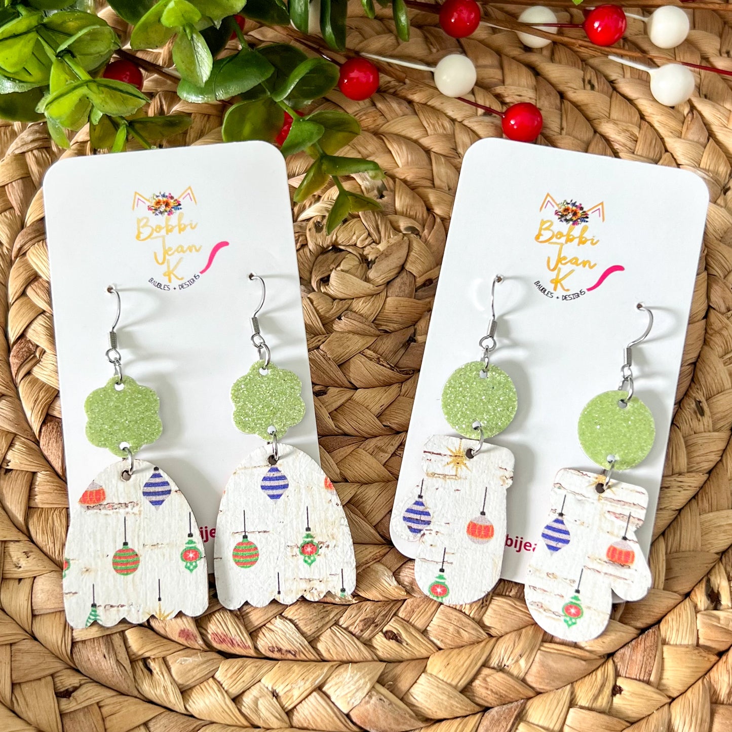 Holiday Ornaments Toboggan & Mitten Cork on Leather Earrings - ONLY 2 OF EACH LEFT