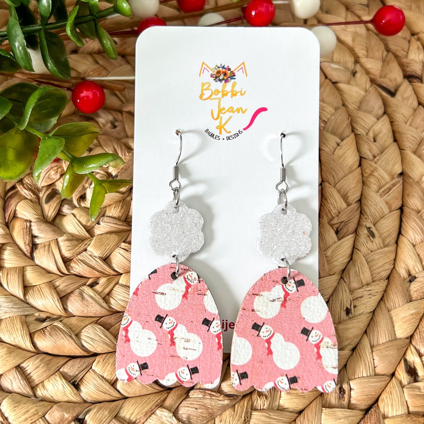 Whimsical Snowmen Toboggan & Mitten Cork on Leather Earrings - ONLY 2 TOBOGGAN LEFT