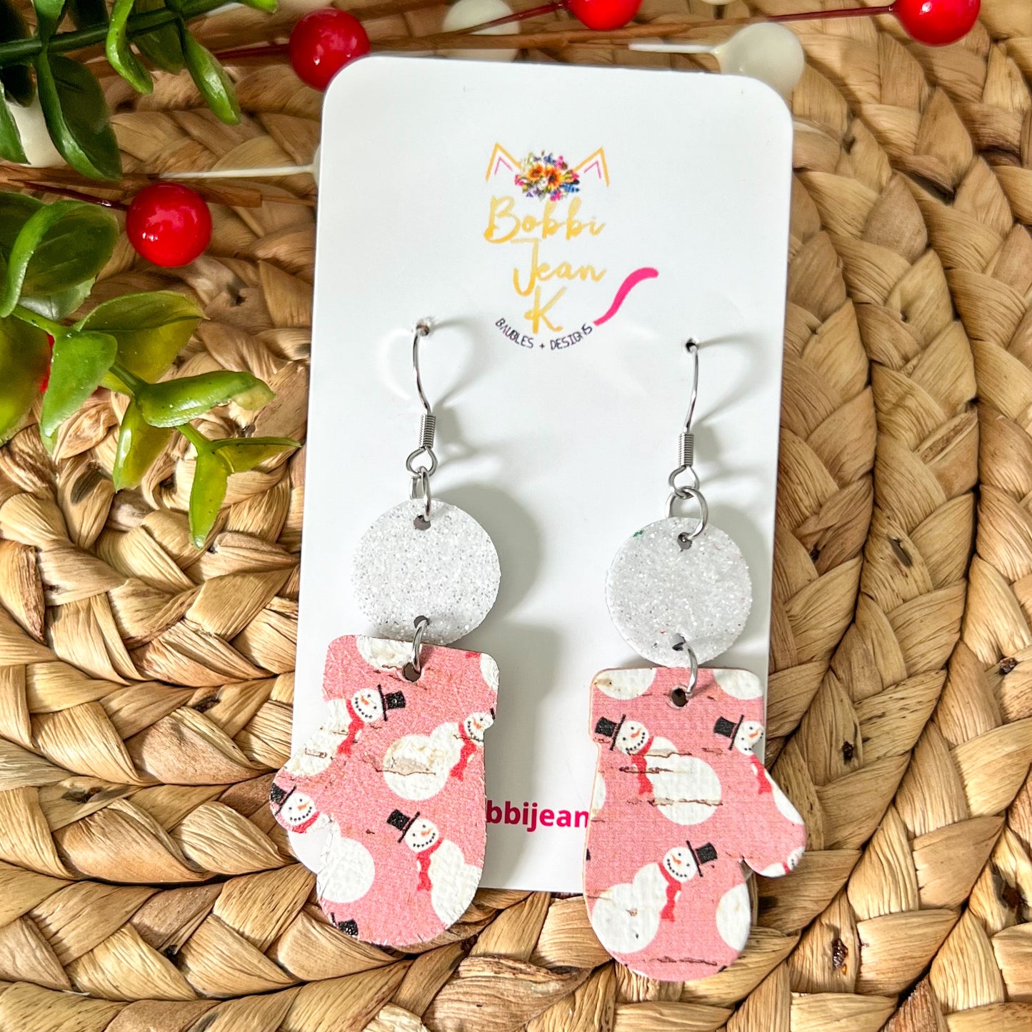 Whimsical Snowmen Toboggan & Mitten Cork on Leather Earrings - ONLY 2 TOBOGGAN LEFT