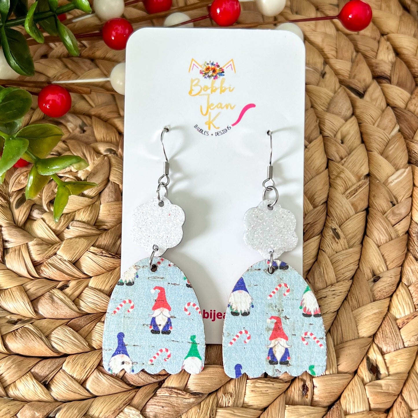 Holiday Gnomes Toboggan & Mitten Cork on Leather Earrings - ONLY ONE TOBOGGAN LEFT