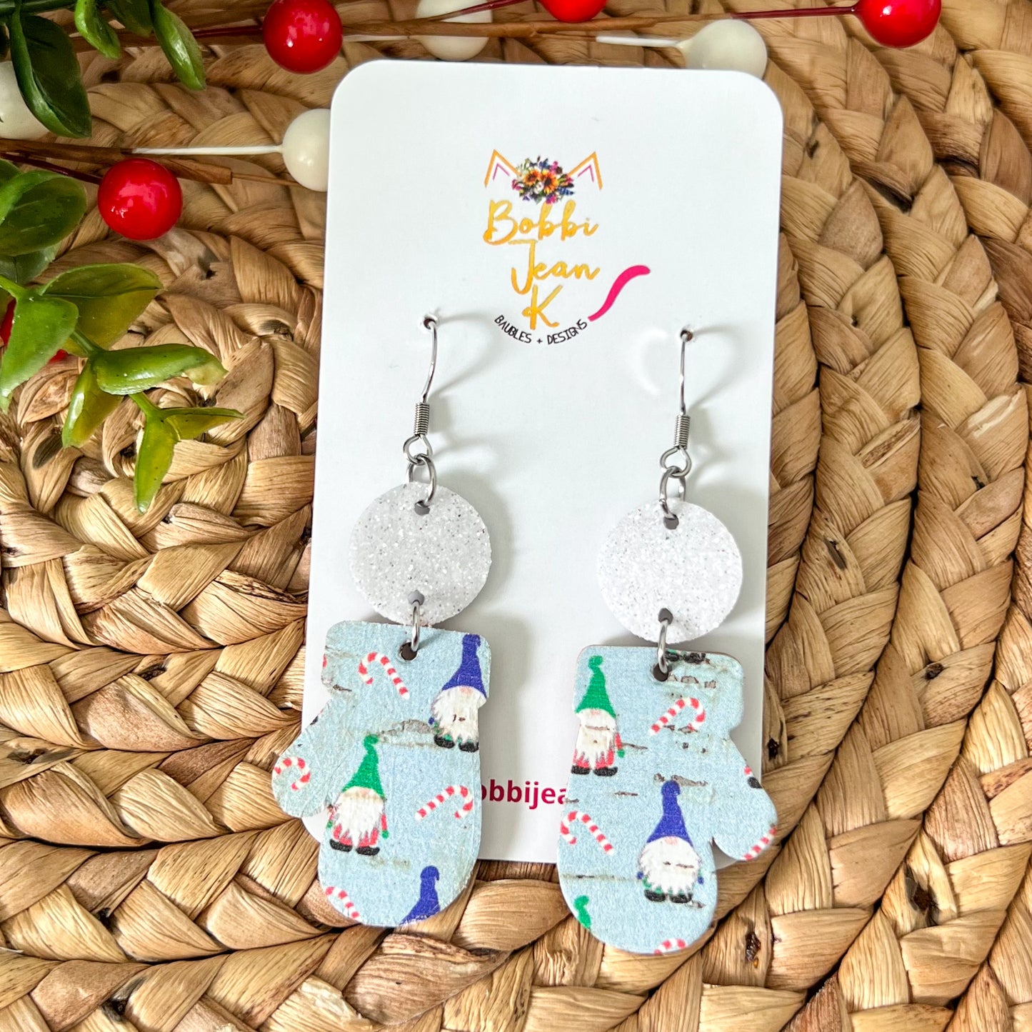 Holiday Gnomes Toboggan & Mitten Cork on Leather Earrings - ONLY ONE TOBOGGAN LEFT