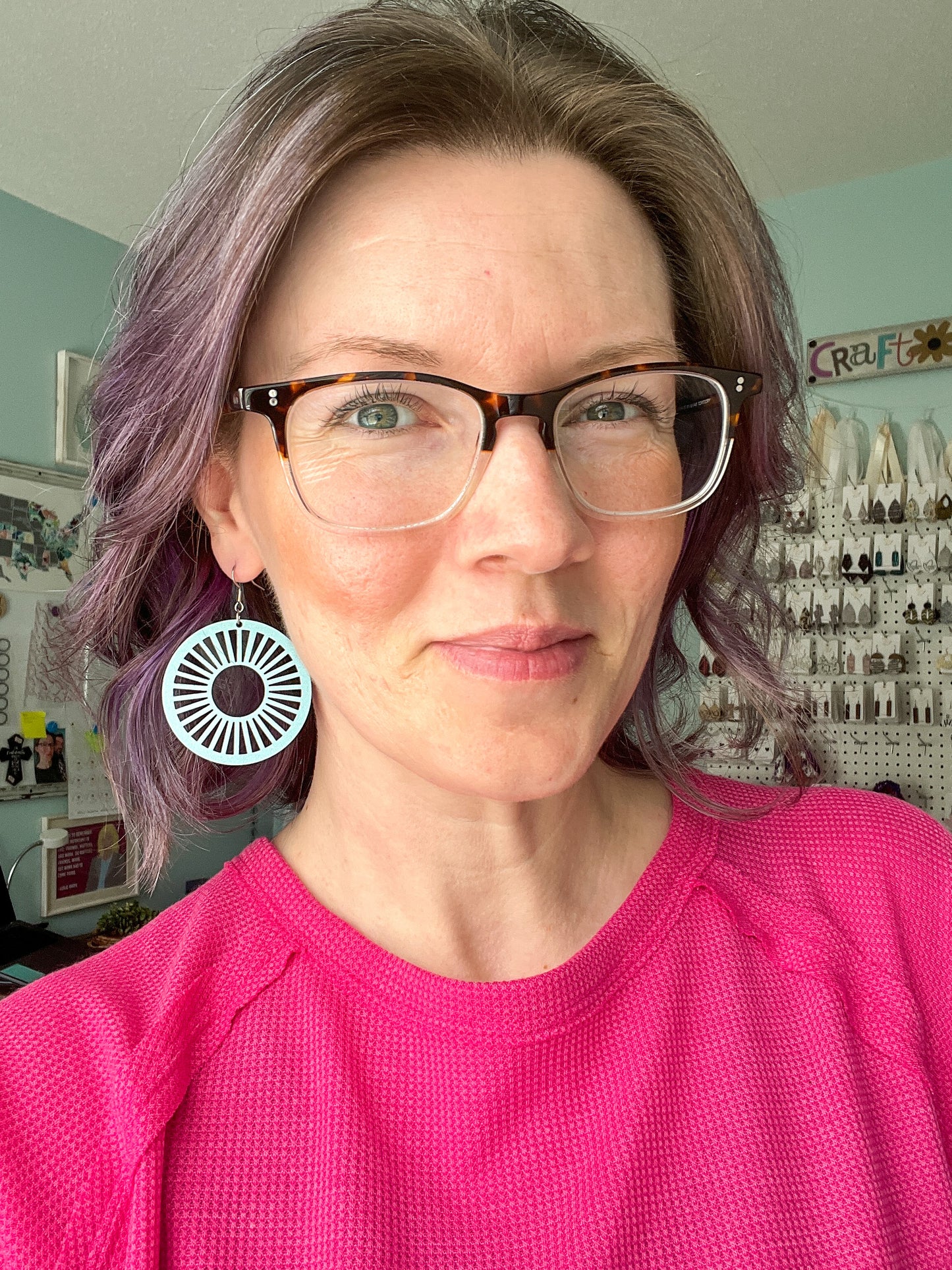 Baby Blue Wood Circle Cutout Earrings: Choose From 2 Sizes