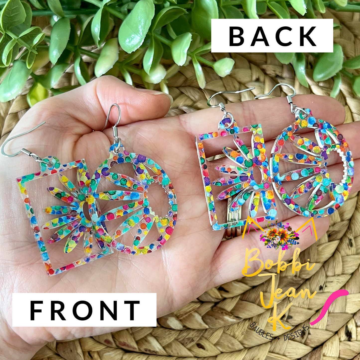 Rainbow Dots Acrylic Daisy Earrings: Choose From 2 Styles
