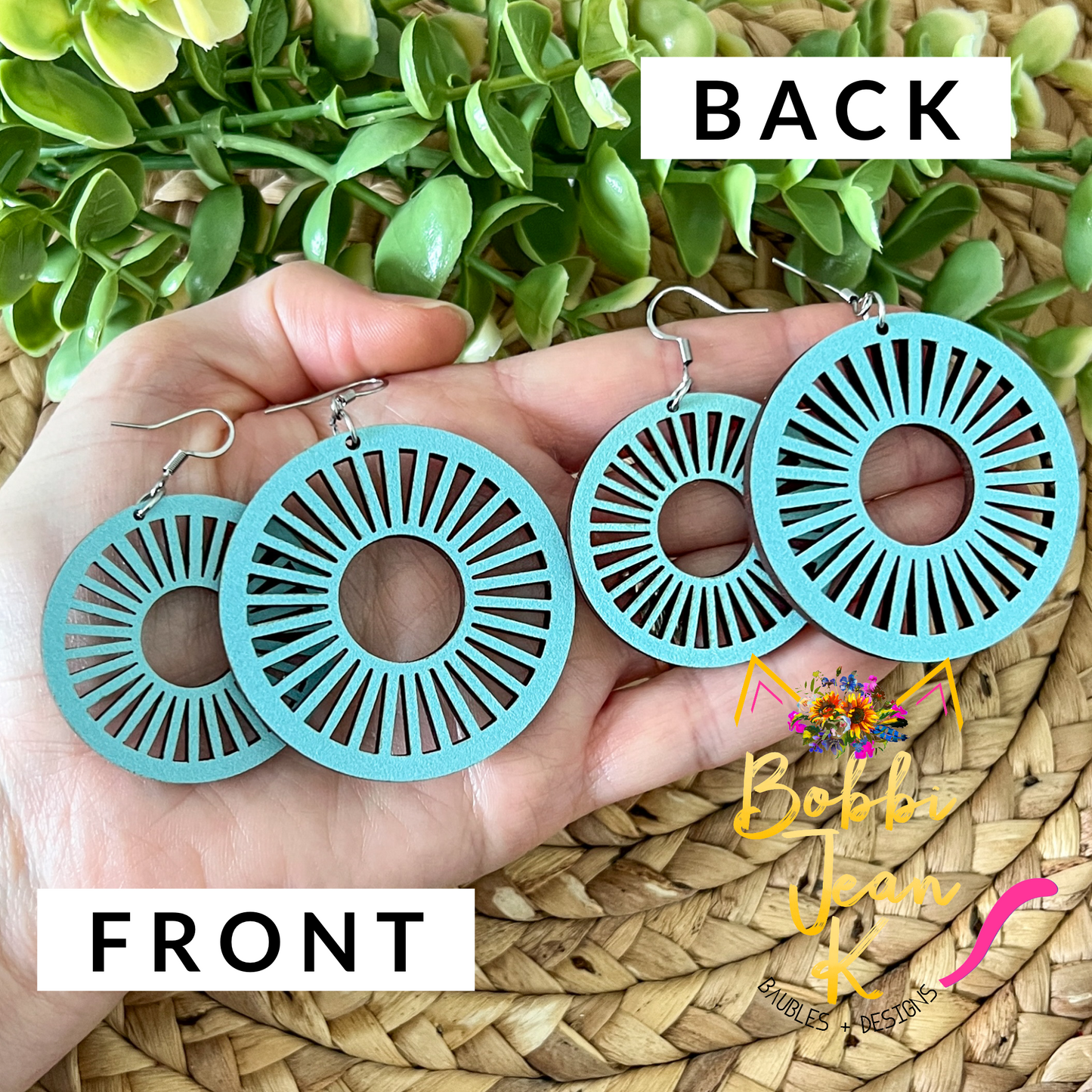Baby Blue Wood Circle Cutout Earrings: Choose From 2 Sizes