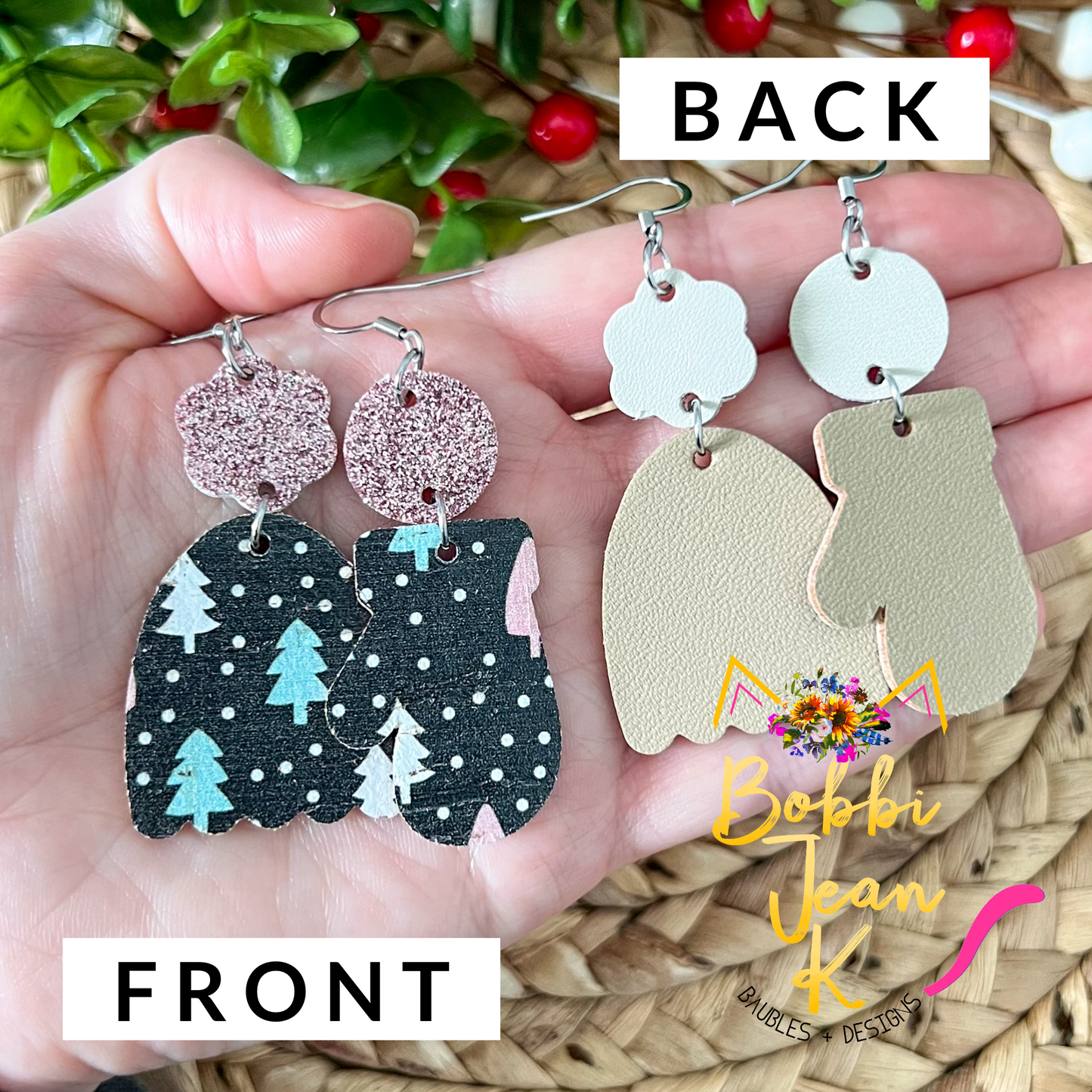 Colorful Trees Toboggan & Mitten Cork on Leather Earrings - LAST CHANCE