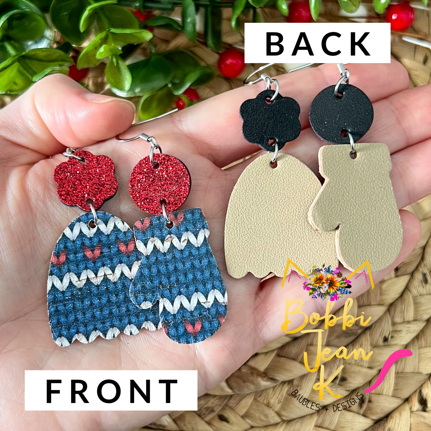 Sweater Print Toboggan & Mitten Cork on Leather Earrings - ONLY 2 TOBOGGAN LEFT