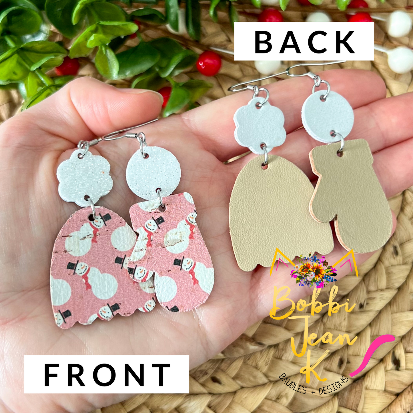 Whimsical Snowmen Toboggan & Mitten Cork on Leather Earrings - ONLY 2 TOBOGGAN LEFT