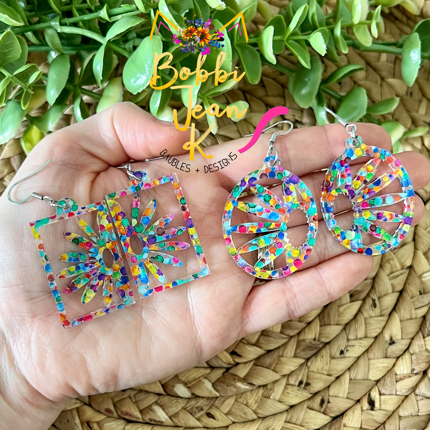 Rainbow Dots Acrylic Daisy Earrings: Choose From 2 Styles