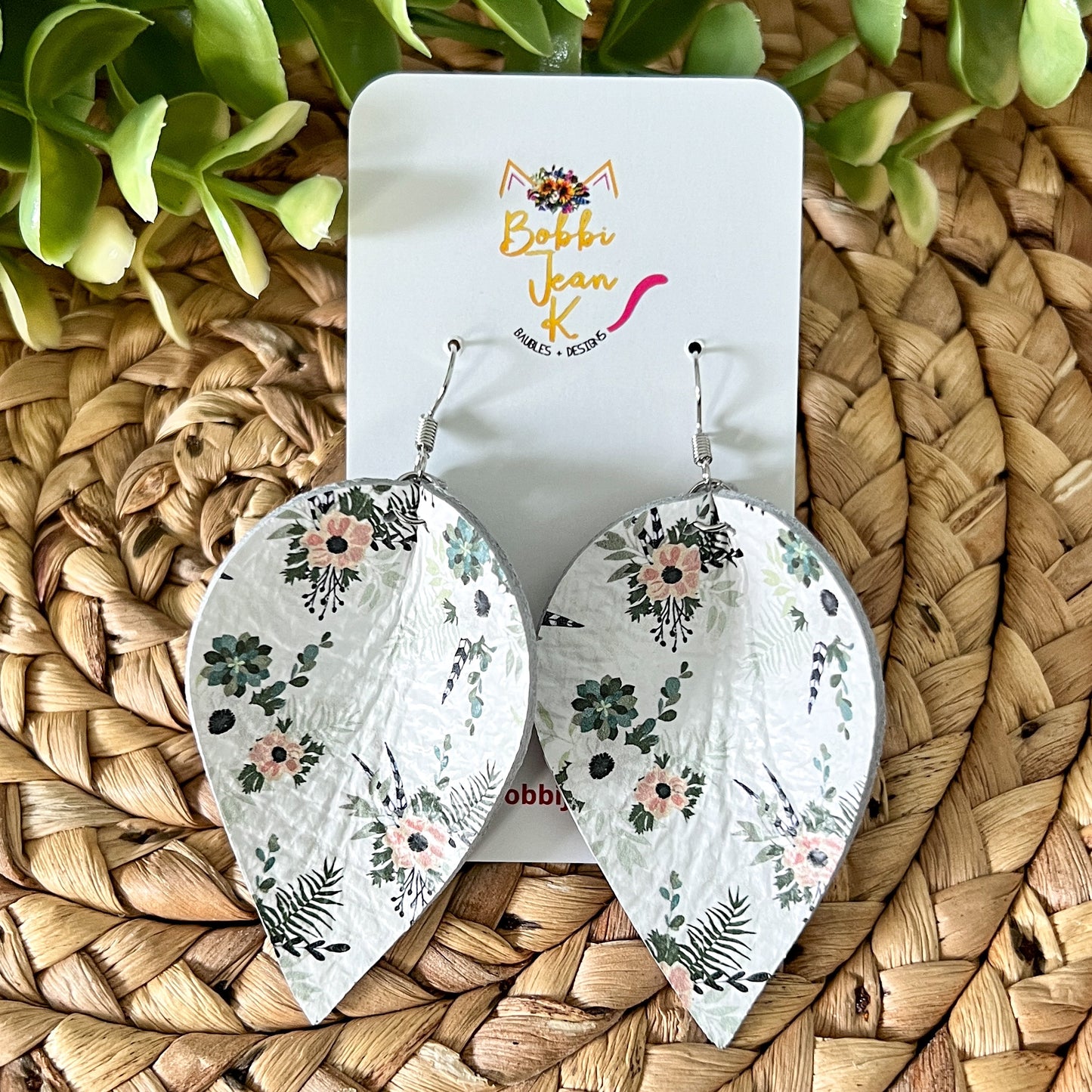 Neutral Floral Pinched Teardrop Leather Earrings: Choose From 2 Sizes