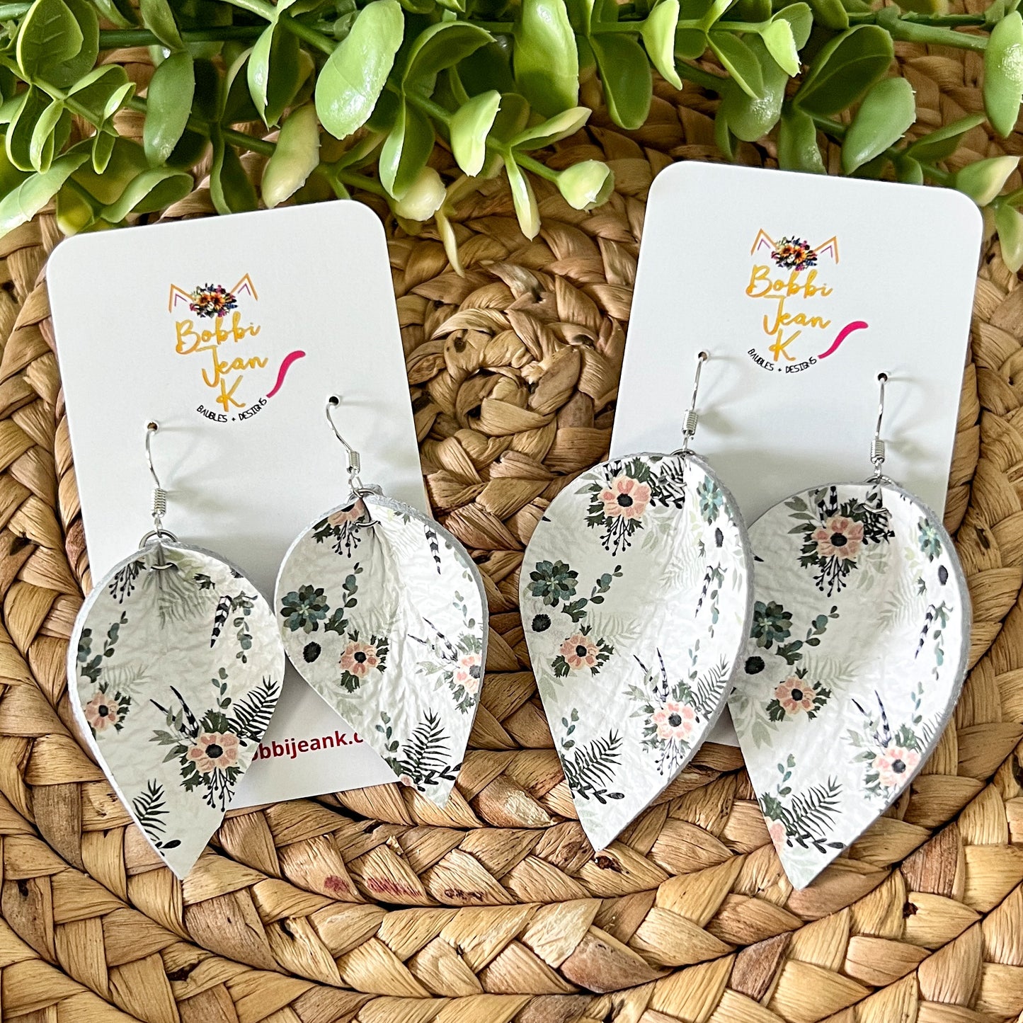 Neutral Floral Pinched Teardrop Leather Earrings: Choose From 2 Sizes