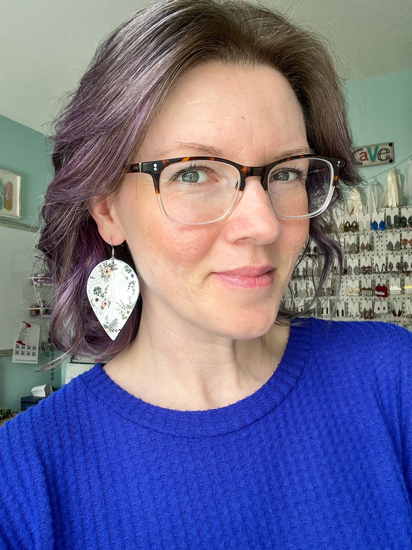 Neutral Floral Pinched Teardrop Leather Earrings: Choose From 2 Sizes