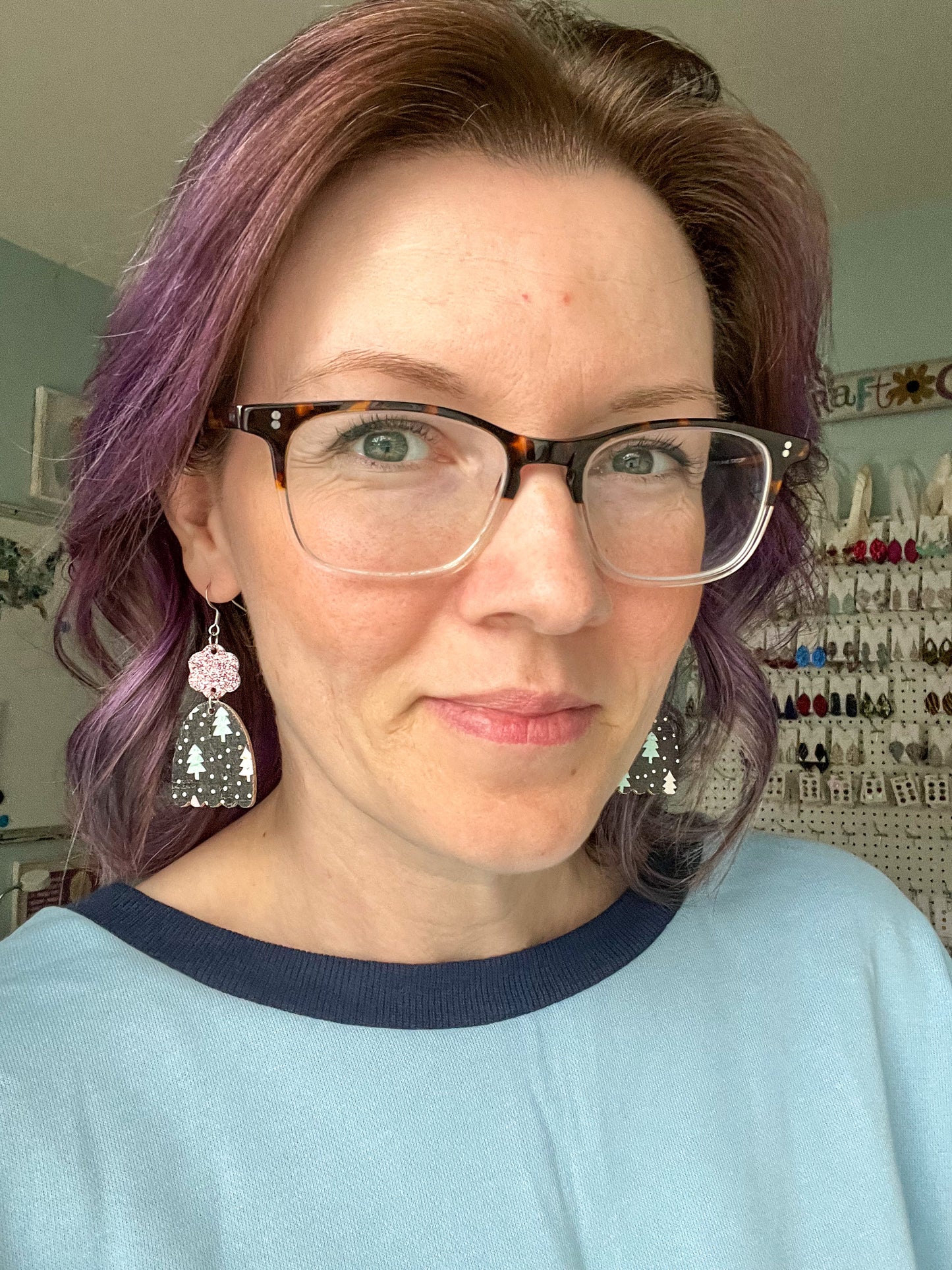 Colorful Trees Toboggan & Mitten Cork on Leather Earrings - LAST CHANCE