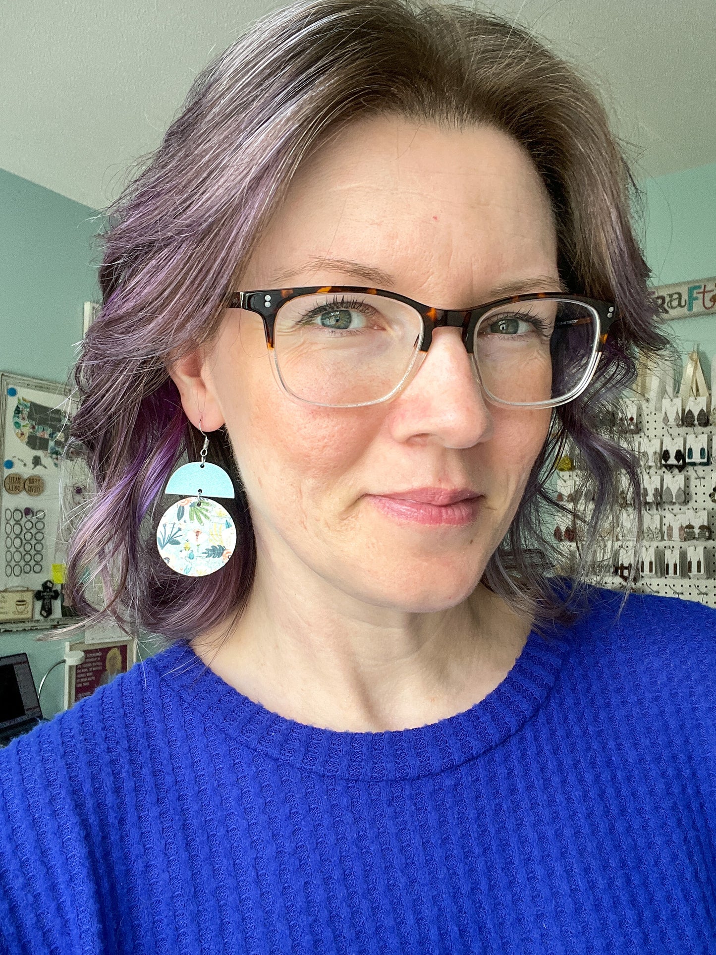Tropical Floral Cork on Leather Circle Drop Earrings - LAST CHANCE