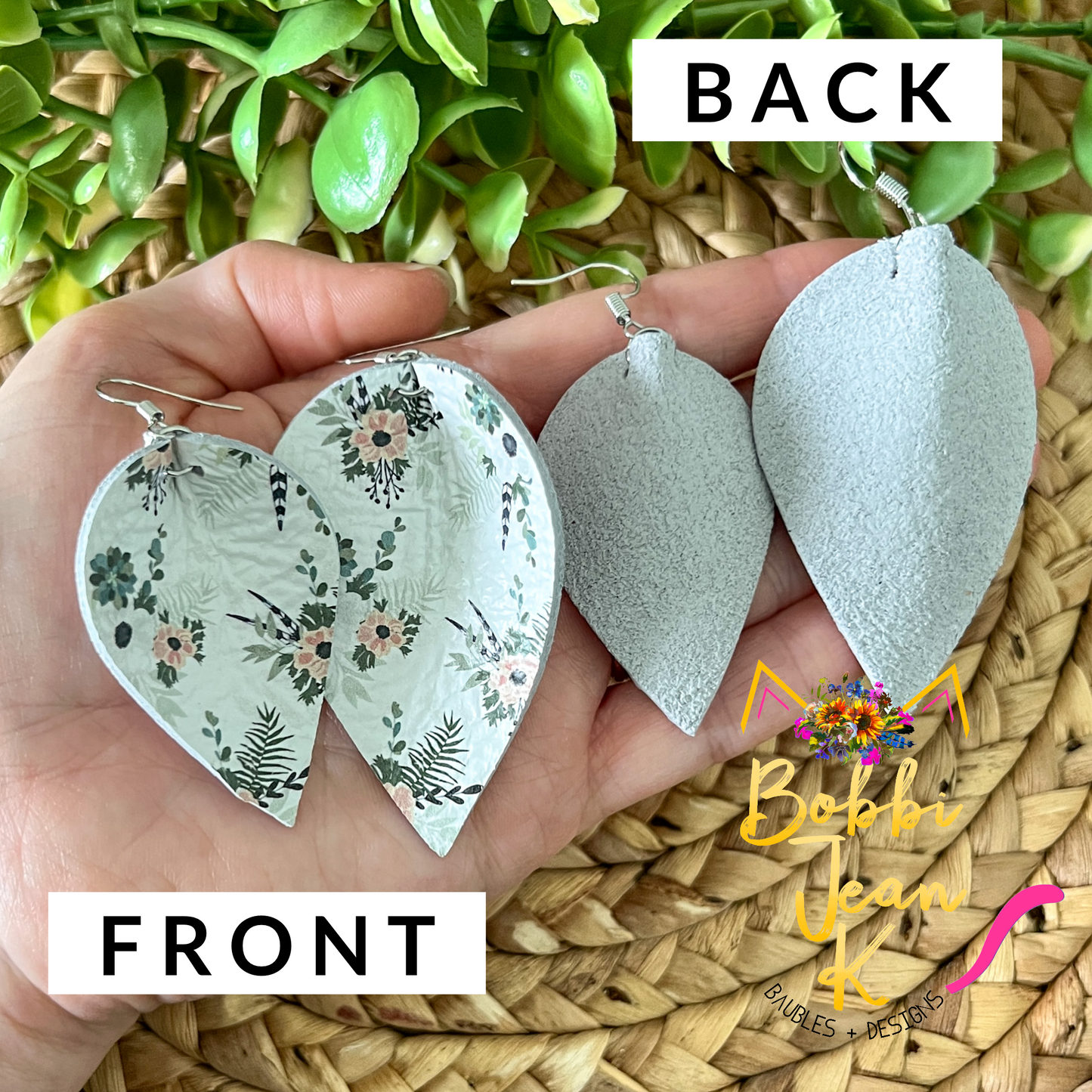 Neutral Floral Pinched Teardrop Leather Earrings: Choose From 2 Sizes