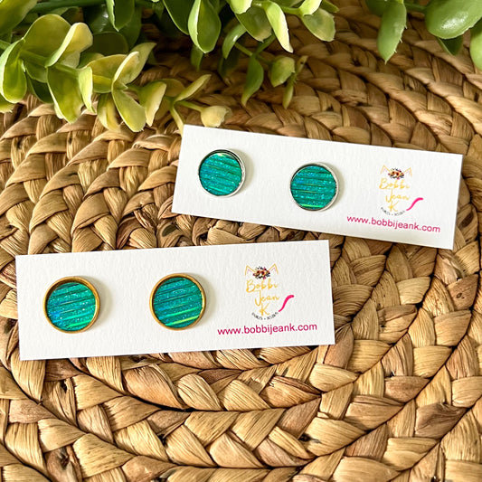 SALE: Iridescent Blue/Green "Striped" Faux Druzy Studs 12mm: Choose Silver or Gold Settings
