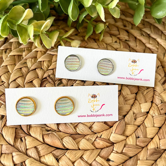 SALE: Iridescent Crystal "Striped" Faux Druzy Studs 12mm: Choose Silver or Gold Settings