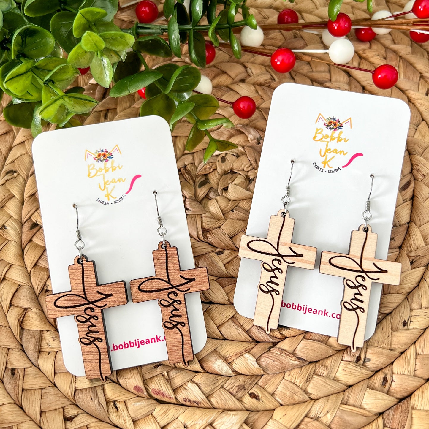 Jesus Engraved Wood Cross Earrings: Choose From 2 Wood Options