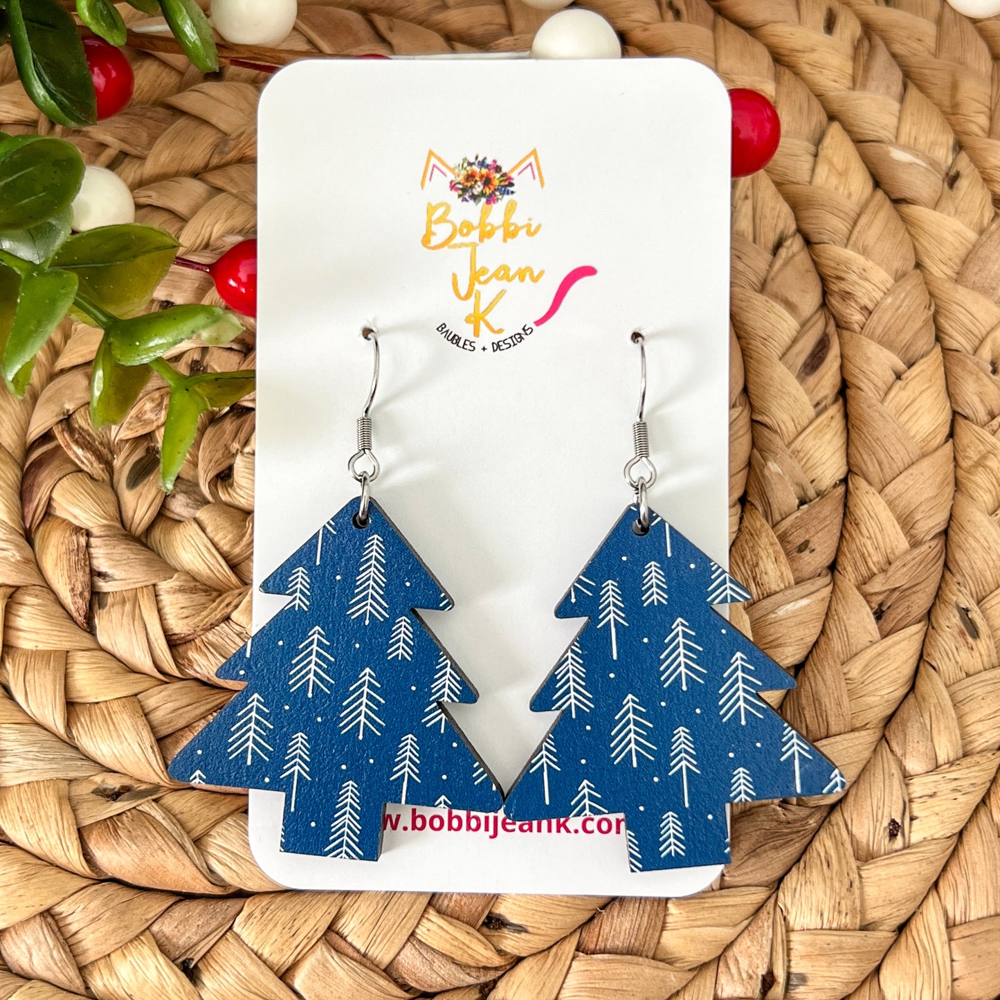 Blue Boho White Forest Tree Wood Earrings: Choose From 2 Shape Options