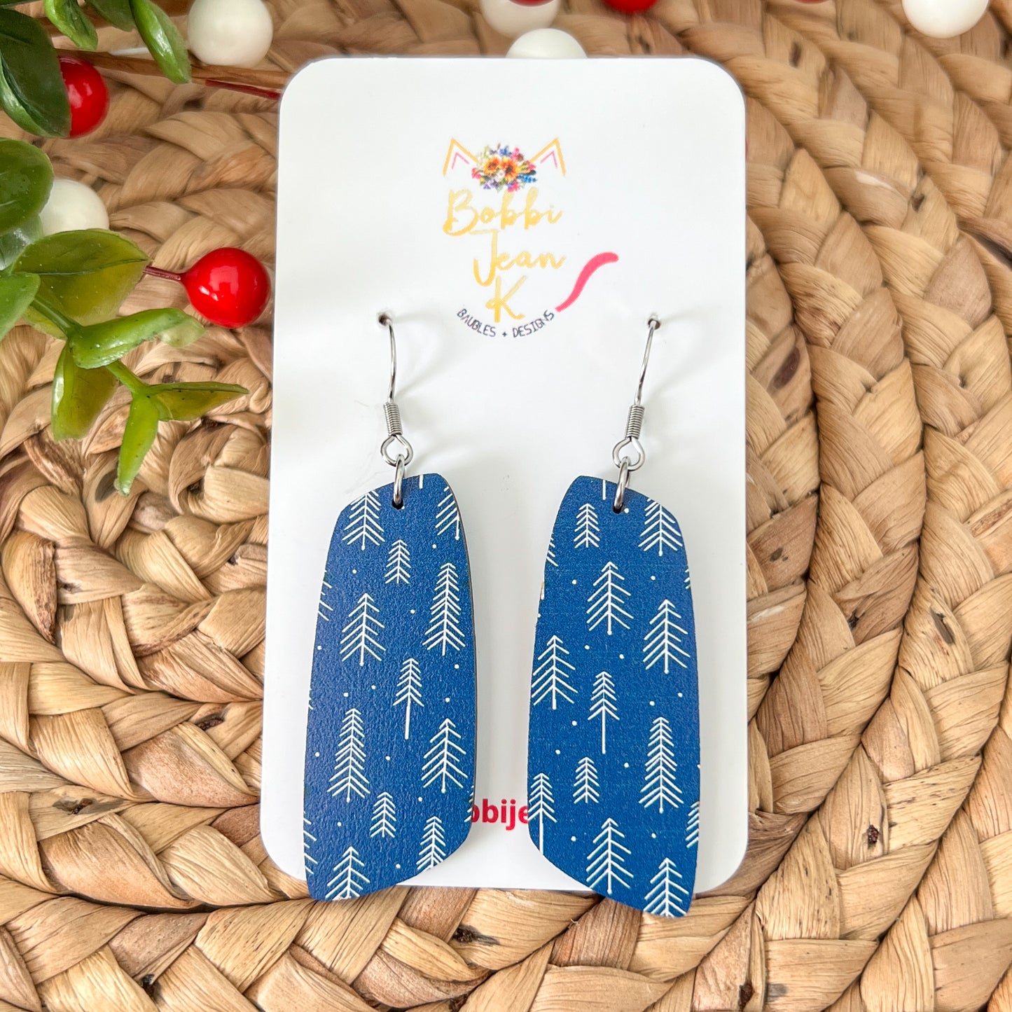 Blue Boho White Forest Tree Wood Earrings: Choose From 2 Shape Options