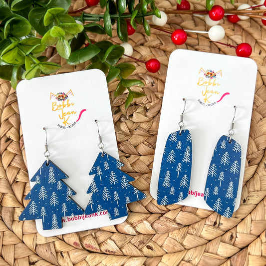 Blue Boho White Forest Tree Wood Earrings: Choose From 2 Shape Options