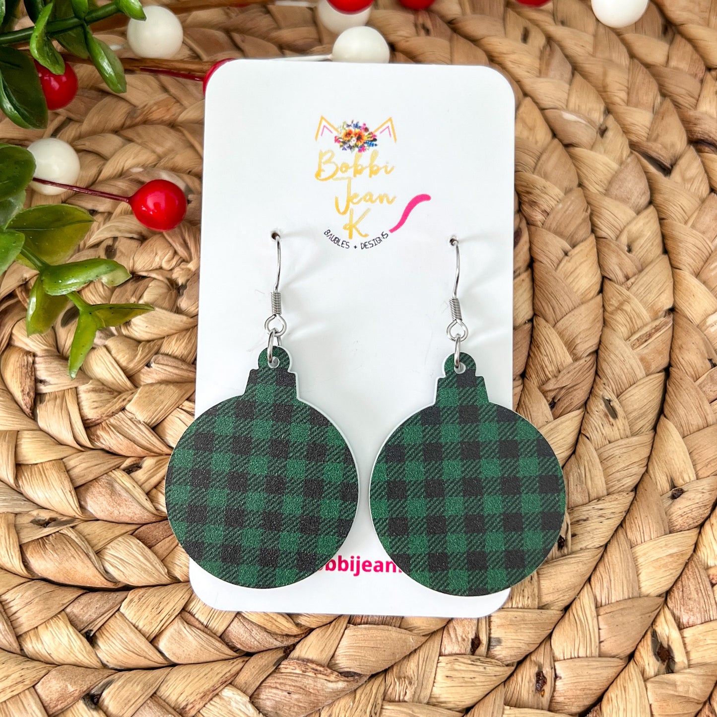 Green & Black Plaid Acrylic Ornament Earrings: Choose From 2 Shape Options