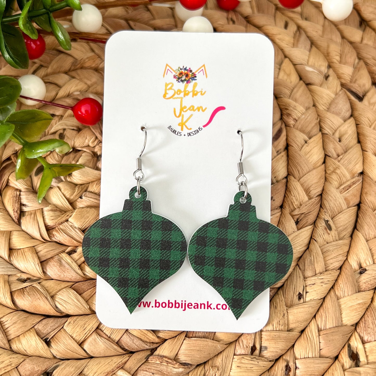 Green & Black Plaid Acrylic Ornament Earrings: Choose From 2 Shape Options