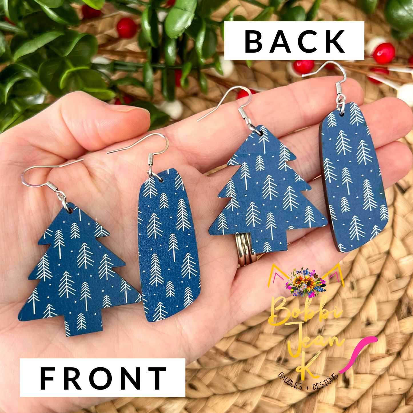 Blue Boho White Forest Tree Wood Earrings: Choose From 2 Shape Options