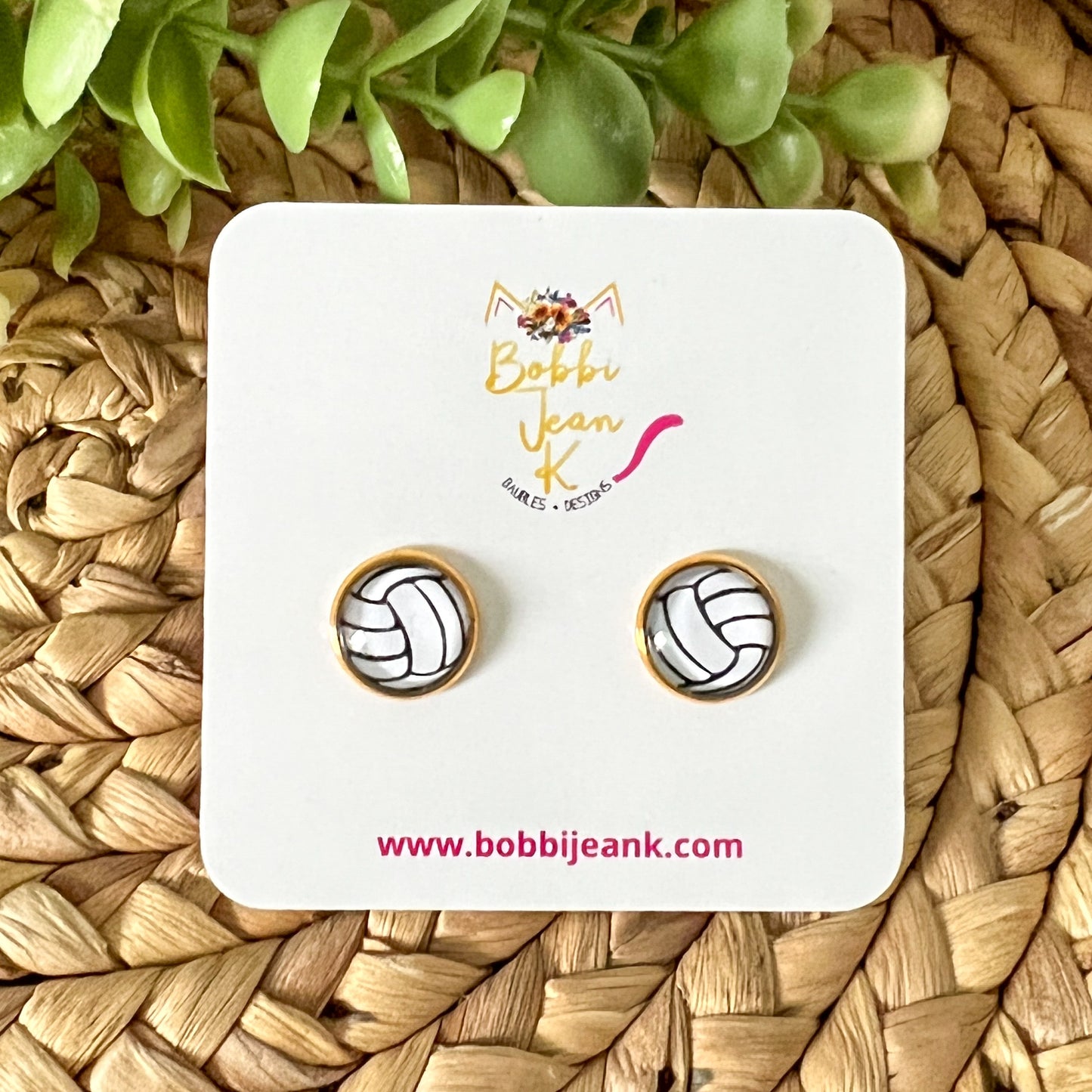 SALE: Volleyball Glass Studs 12mm: Choose Silver or Gold Settings - LAST CHANCE
