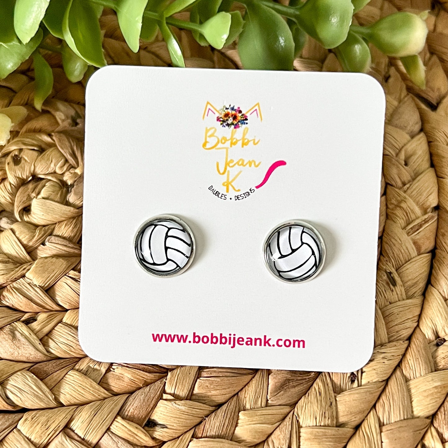 SALE: Volleyball Glass Studs 12mm: Choose Silver or Gold Settings - LAST CHANCE