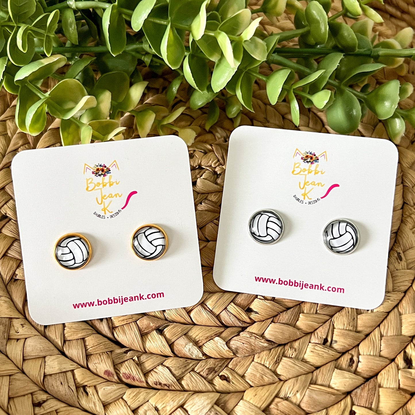 SALE: Volleyball Glass Studs 12mm: Choose Silver or Gold Settings - LAST CHANCE